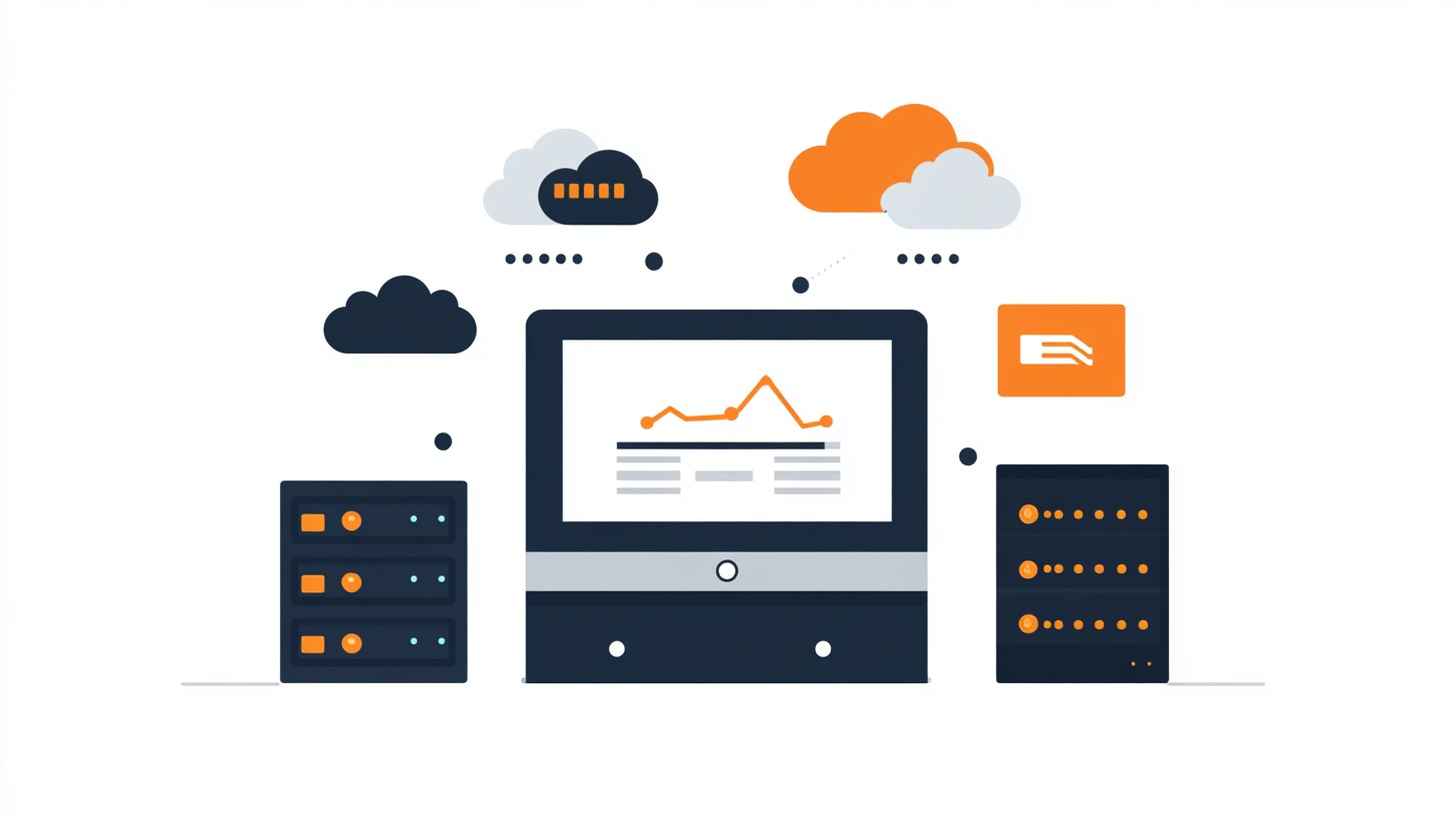 Ilustracija računara povezanog sa serverima i cloud skladištenjem, simbolizujući hosting i digitalnu infrastrukturu