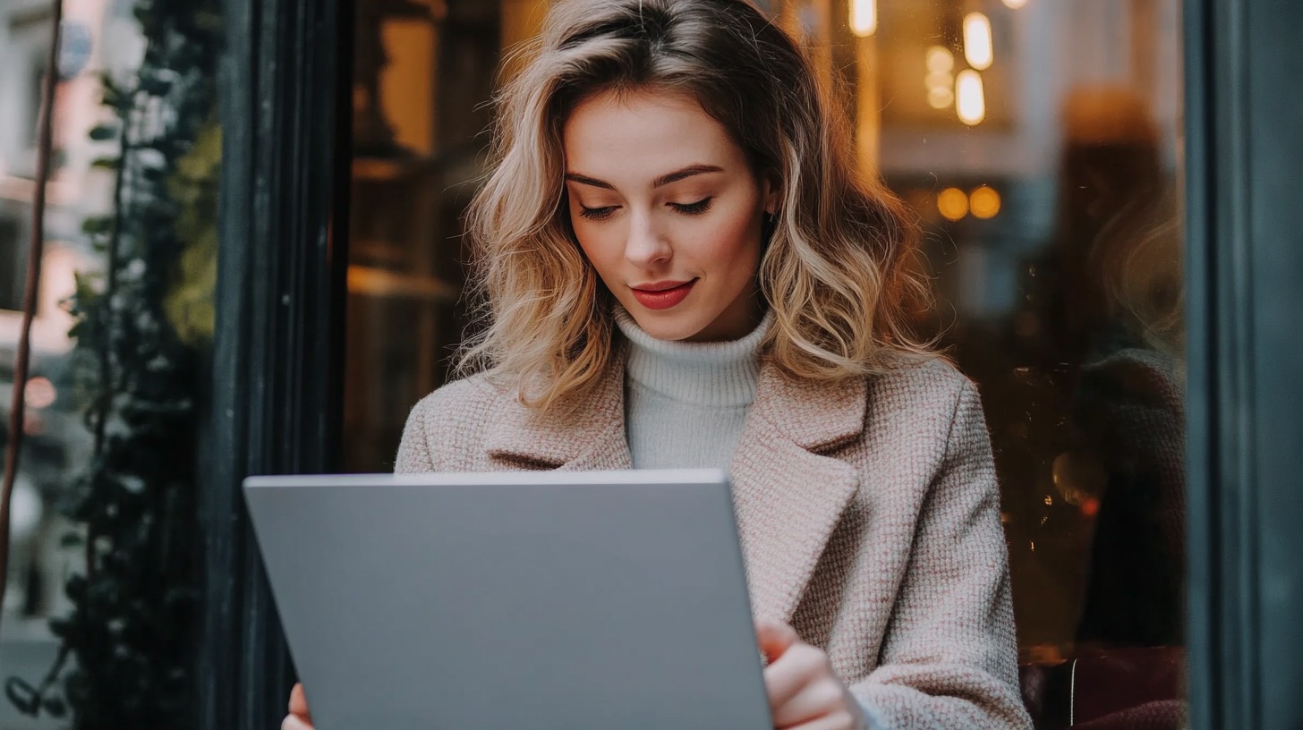 Žena sedi u kafiću i koristi laptop, fokusirana na rad, simbolizujući preduzetništvo i online poslovanje